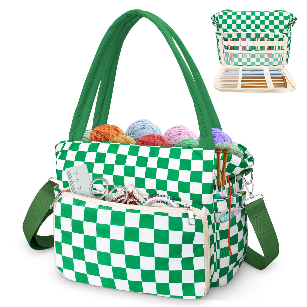 DALINDA Crochet Bag and Tote - Yarn Bag Crochet Storage Bag for Crochet Supplies,Crochet Accessories, Knitting Bag for Crochet Lovers, Ideal Crochet Gifts (Green Plaid)