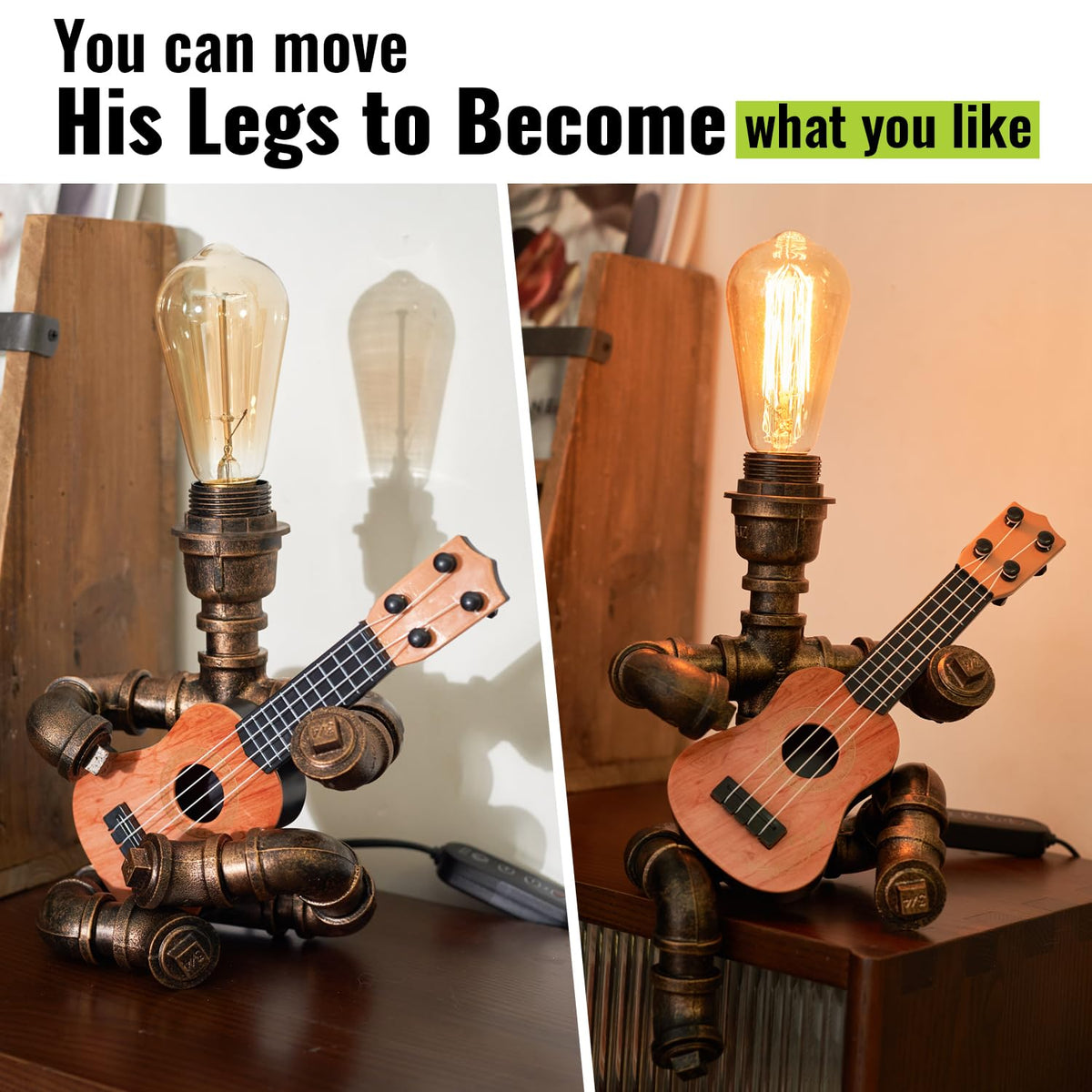 Lovefindahome Vintage Industrial Robot Guitar Table Lamp with Bulb - Remote Control,Timer,Dimmable - Cool Gifts for Music Lovers,Men,& Musicians - Steampunk & Retro Style Bronze