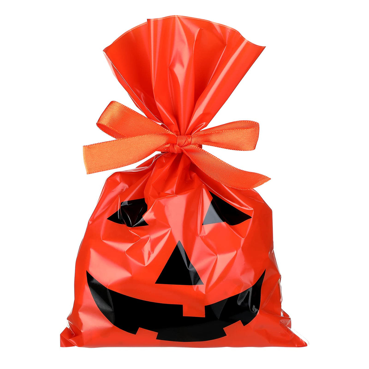 Tenare 100 Pcs Halloween Cellophane Pumpkin Treat Bags Jack O Lantern Orange Candy Bags Plastic Pumpkin Smile Goodies Gift Decor with Gold Twist Ties for Dessert Halloween Party Favors, 6 x 9 Inch