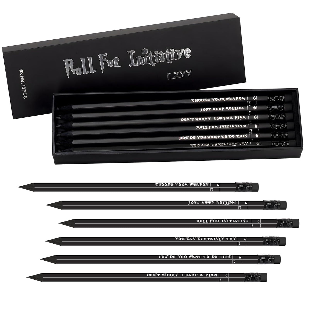 DND Pencils Set of 12 - Silver Foil Stamped with RPG Slogans & D6 Dice Numbers - Hexagon 2HB Tabletop Gaming Pencil with Eraser - Must-Have Tools, Accessories and Gifts for DM and Player (Style A)