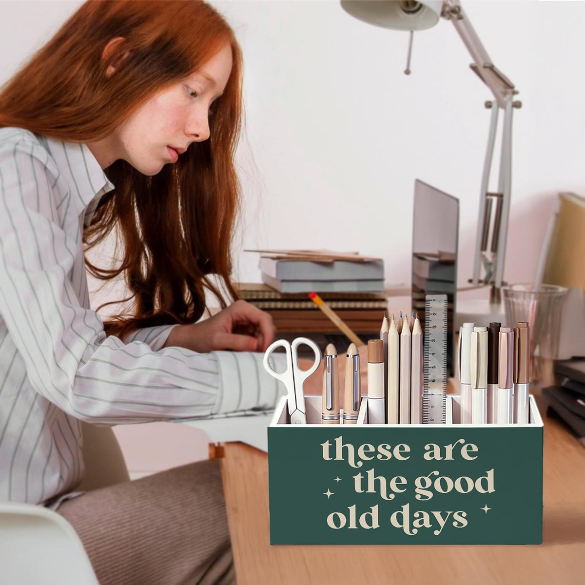 SkyCozy Green Inspirational Pen Pencil Holder for Desk, Motivational Inspirational Gifts, These Are the Good Old Days Positive Affirmation Wooden Box Sign Decorations for Home Office Desk Tabletop
