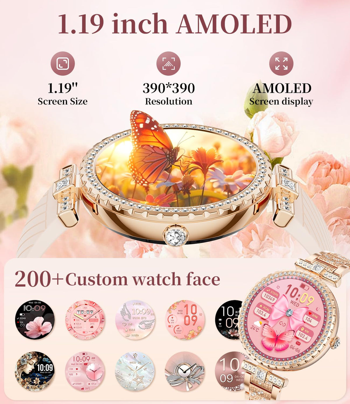 ESFOE Smart Watches for Women,1.19” AMOLED Smart Watch Women Answer Make Calls,IP68 Waterproof Fitness Tracker,Heart Rate Sleep Monitor,100+ Sports Pedometer Watch for Android iOS Phone,Gift,Rose Gold