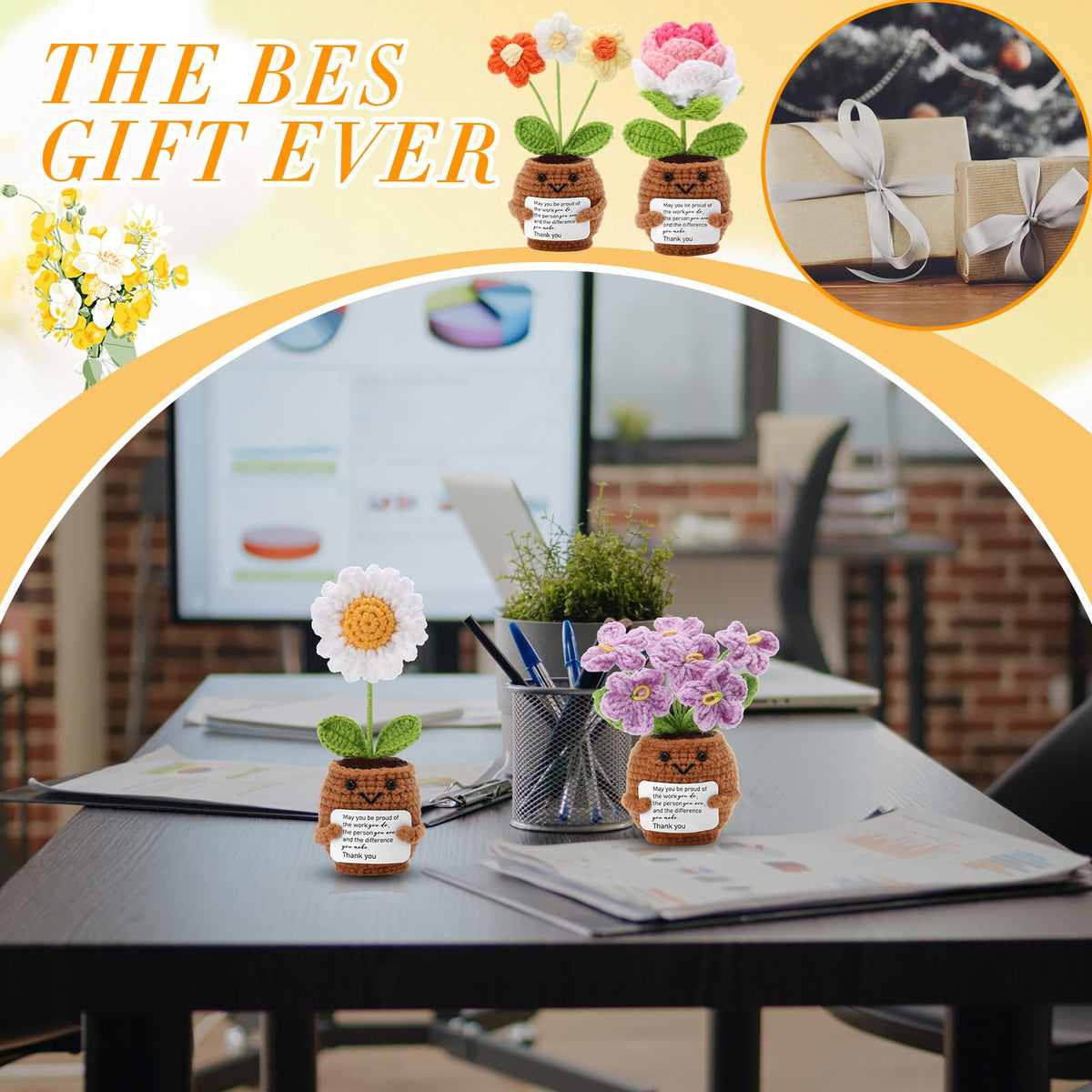 Geelin 6 Sets Positive Employee Appreciation Mini Crochet Flower Potted Doll with Card Emotional Rose Daisy Crochet Support Thank You Plants May You Positive Gift for Women Coworker Employee Teacher
