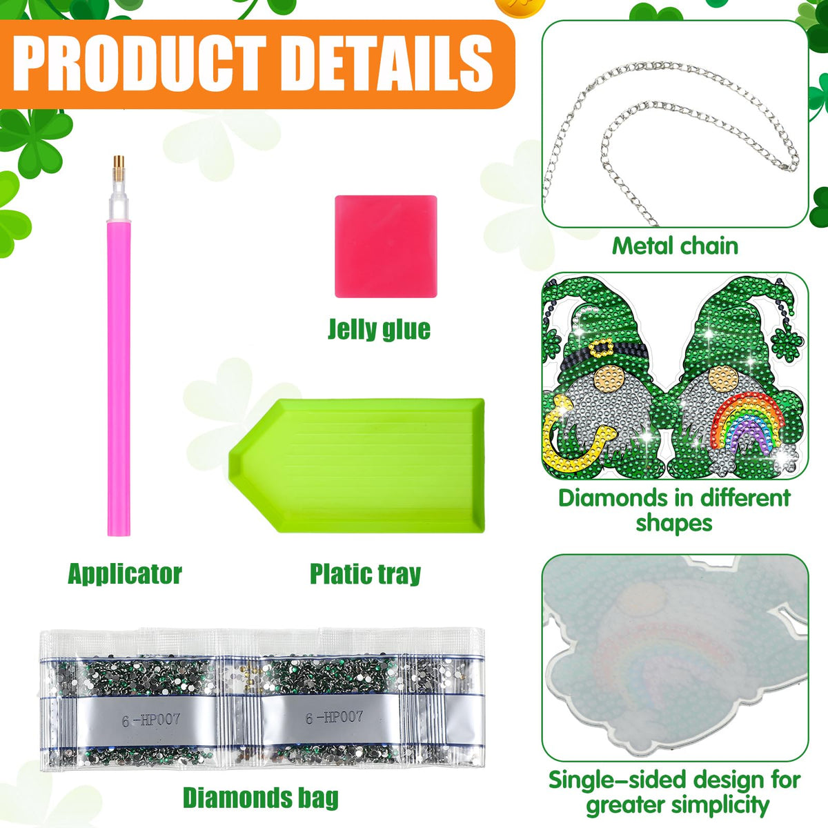 Burbell 3Pcs St. Patrick's Day Diamond Painting Kit Patrick's Green Lucky Shamrock Gnome Truck Diamond Art Kits Hanging Sign 5d DIY Irish Rhinestone Art Painting for Wall Windows Door