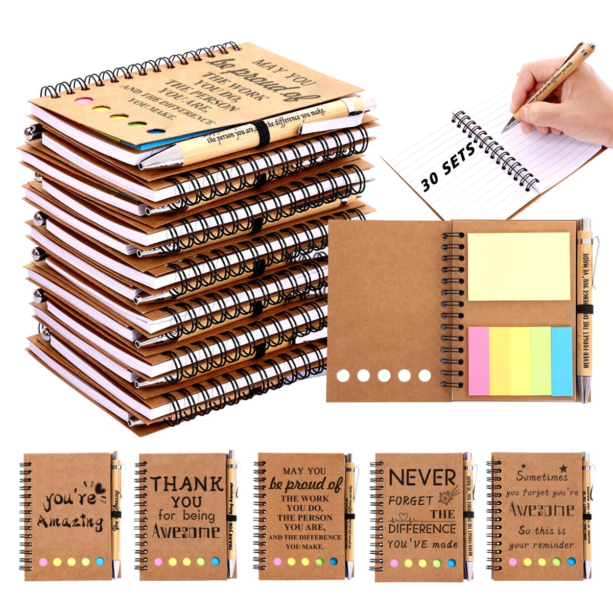 30 Sets Employee Appreciation Gifts Bulk Inspirational Spiral Notebook with Sticky Note and Motivational Bamboo Pens Thank You Gifts for Employees Coworkers,Teachers,Nurse,Office Staff,Team,Volunteer