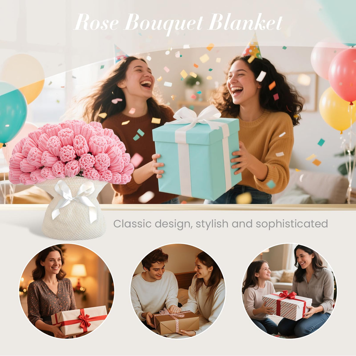 Flower Bouquet Blanket, Gifts for Mom Daughter Grandkids Her Wife Girlfriend, Completed Crochet Flower Blanket,Soft Knitted Throw Blankets, Housewarming Gifts for Mothers Day Birthday (Pink Roses)
