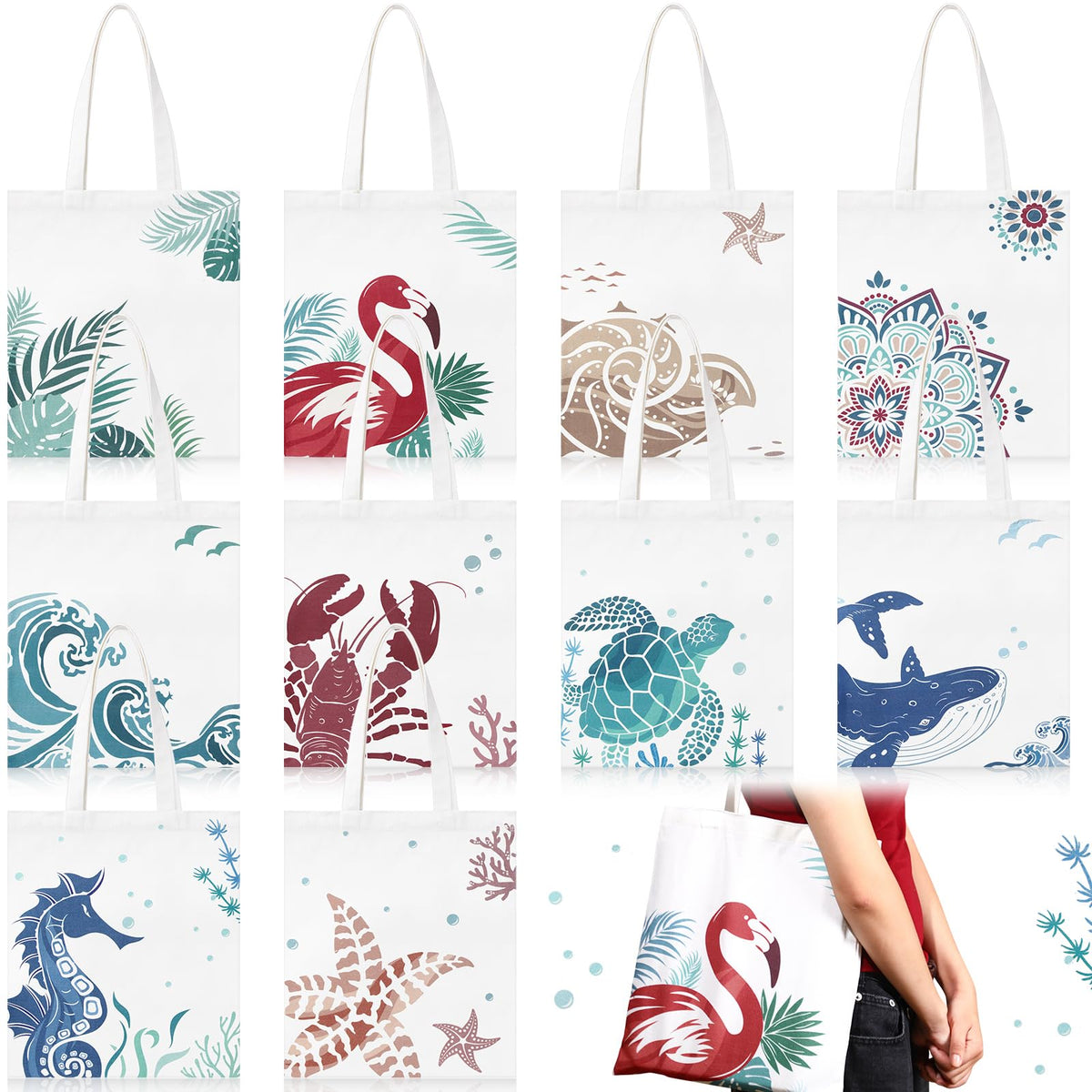 SATINIOR 10 Pcs Beach Theme Canvas Totes Bags Gifts Shopping Bags Reusable Grocery Handbags for Women Travel Cruise Wedding(Vertical Style)