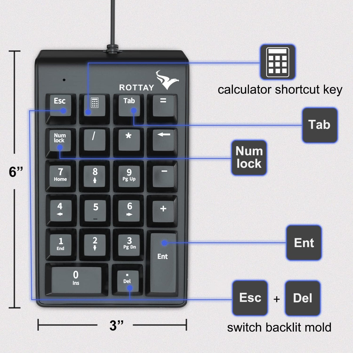 Rottay 22 Number Pad, Mechanical USB Wired Numeric Keypad with Blue LED Backlit Key Numpad for Laptop Desktop Computer