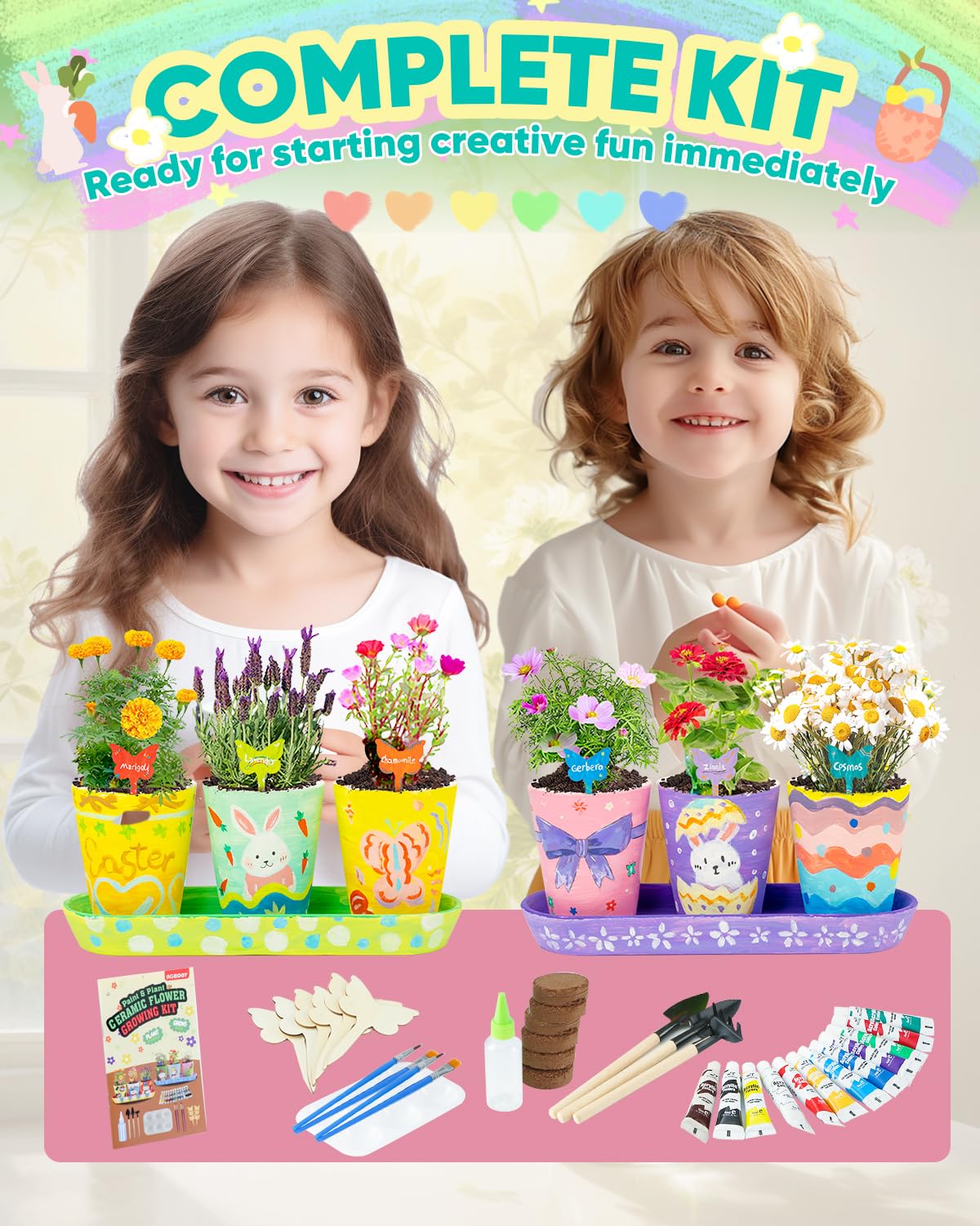 RGBDOT Kids Gardening Set Paint and Plant Stoneware Flower Growing Kit with 6 Pots and Gardening Tools Arts and Crafts for Kids Ages 8-12 Best Children’s Day Gift for Girls Boys Ages 5 6 7 8 9 10