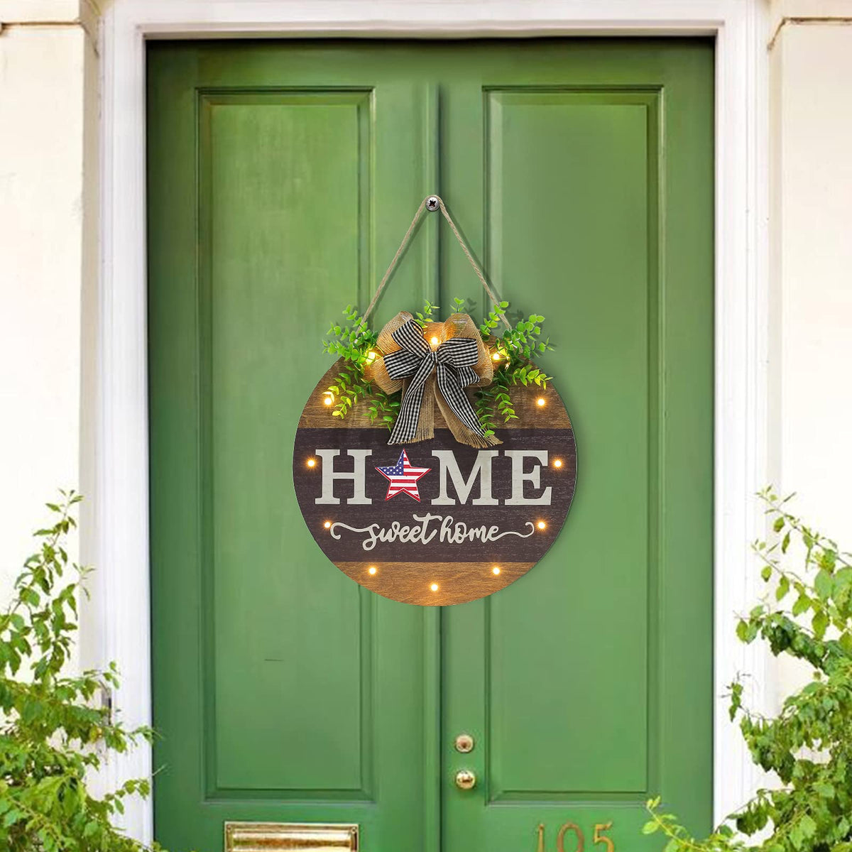 Interchangeable Welcome Sign for Front Door with 14 Changeable Icons, Farmhouse Front Porch Decor Rustic Wooden Wall Sign with 12 LED Lights, Outdoor Seasonal Welcome Home Decorations (Wood home1)