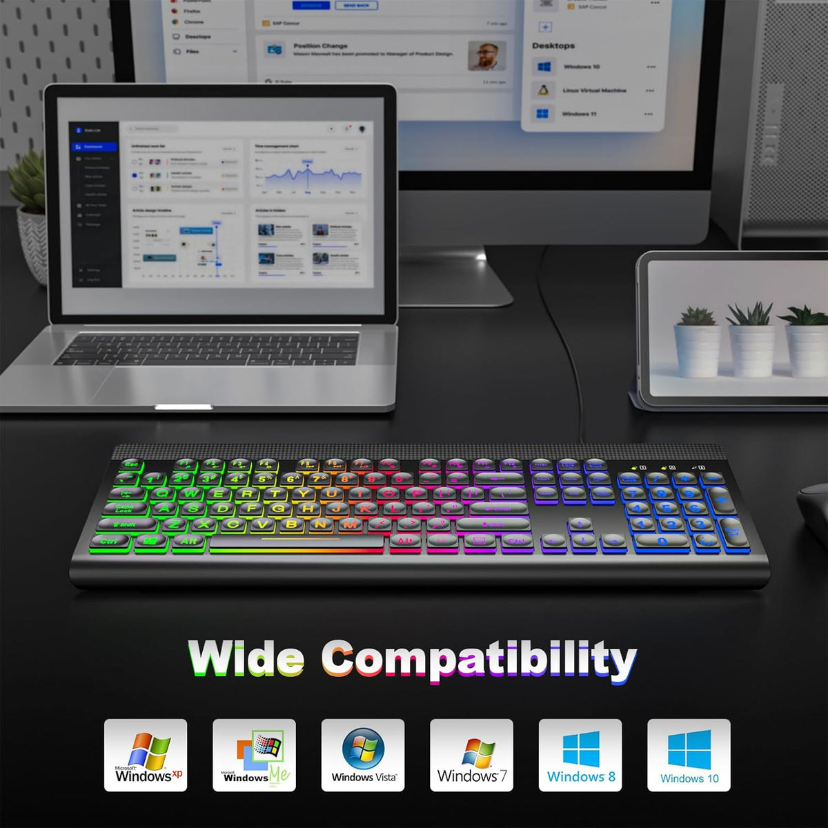 Atelus Large Print Backlit Keyboard, USB Wired Computer Keyboard, Full Size Keyboard with Rainbow Illuminated LED