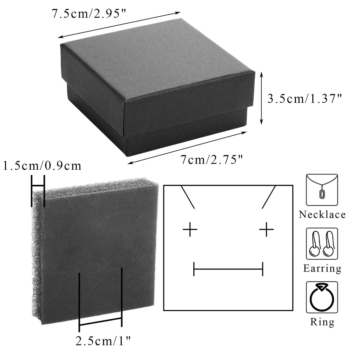 Fasmov Kraft Jewelry Boxes, 36 Pack 2.95 x 2.95 x 1.37 Inch Square Cardboard Jewelry Gift Box Necklace Ring Earring Kraft Box for Jewelry Set with Foam Insert, Black