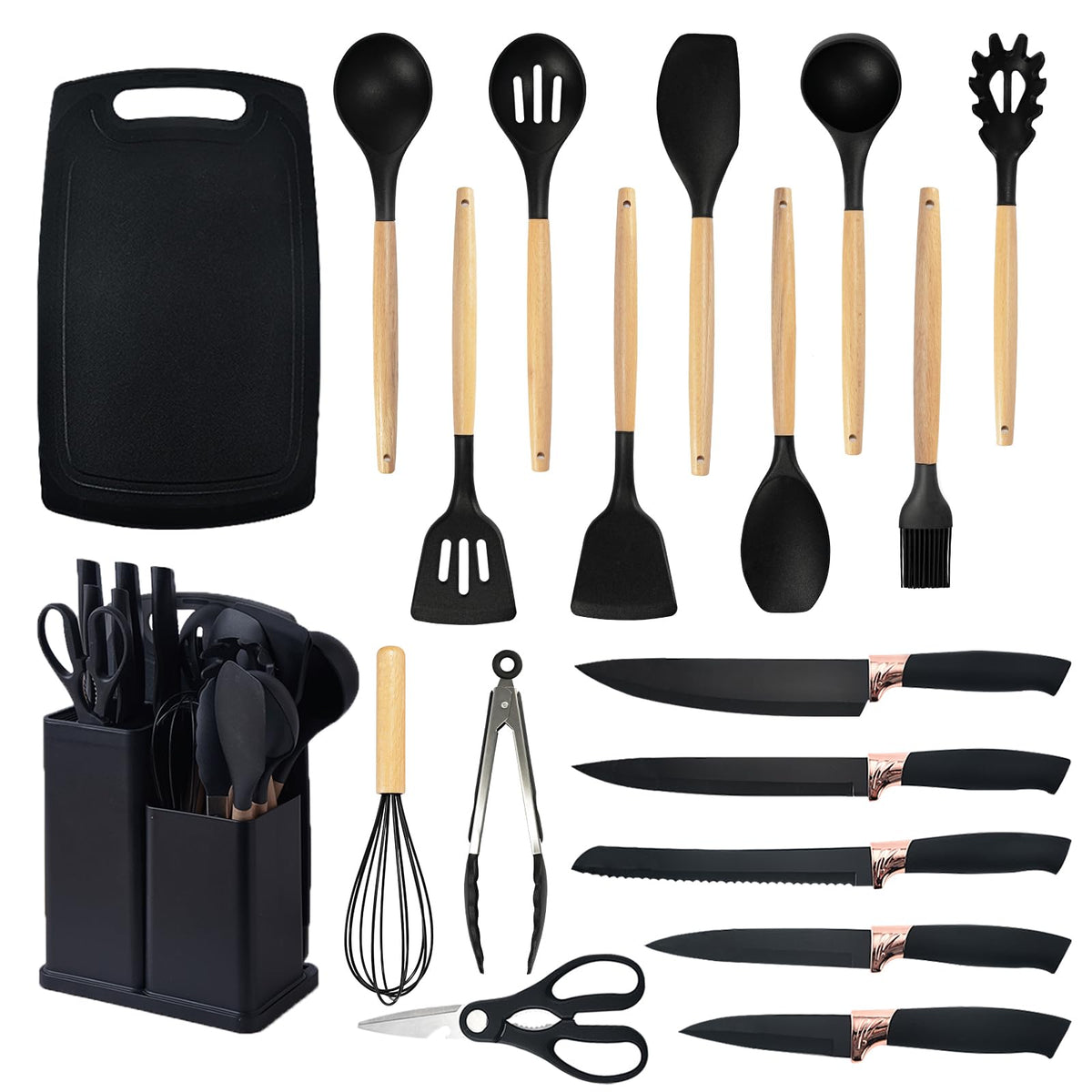 Cooking Utensils Set,19 Kitchen Set Utensils Set with 11 Pieces Spatula Cooking Utensils,Heat Resistant Silicone Utensils 6 Piece Sharp Knife Set 2 Pieces Utensil Cutting Board (Black 19 PCS Set)
