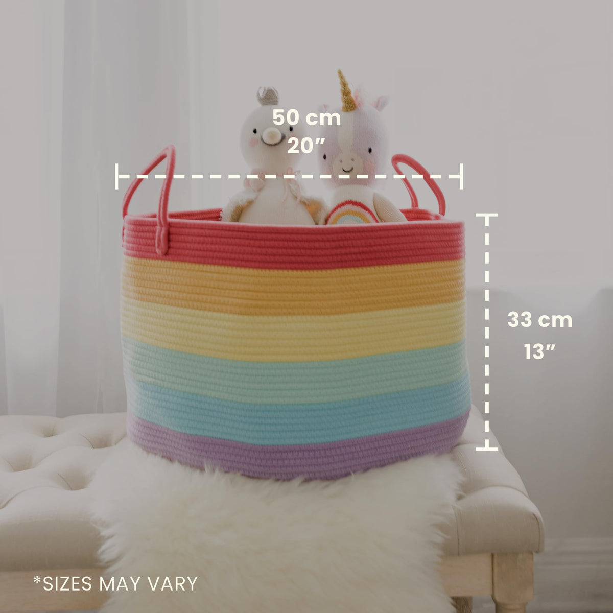 OrganiHaus Rainbow Blanket Basket for Classroom & Nursery, Extra Large Woven Laundry Basket w/Handles, Kids Toy Organizer & Storage, Soft Round Dog Toy Storage Bin, Cute Bin - 20"x13" in