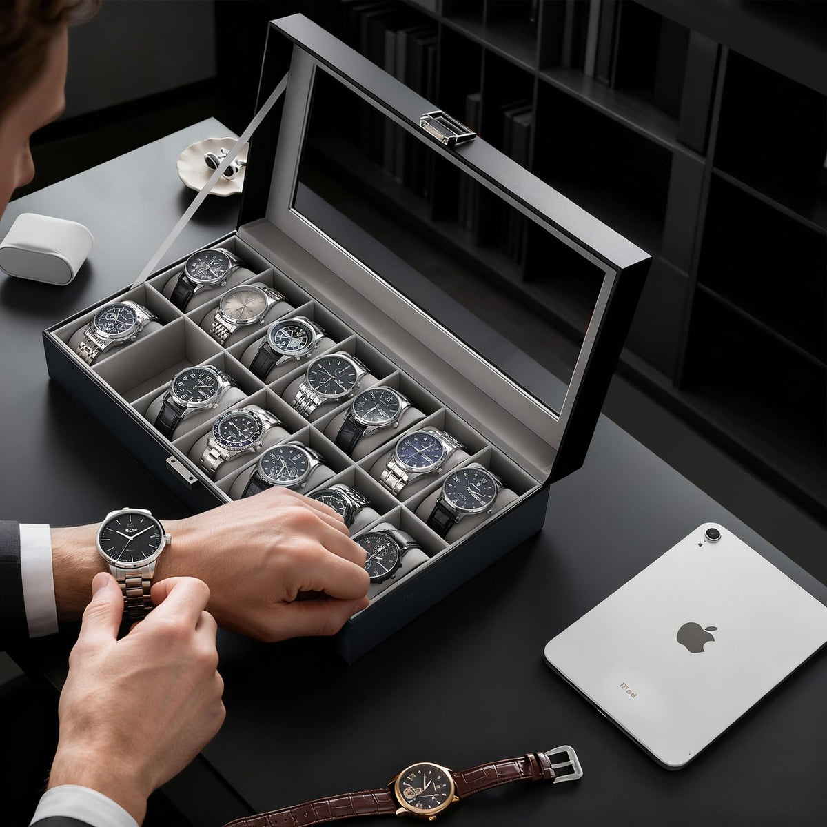 ProCase Watch Case for Men, 14 Slot Mens Watch Box Holder Organizer with Glass Lid, Watches Display Case Birthday Valentine Gifts for Men Women -14 Slot, Black