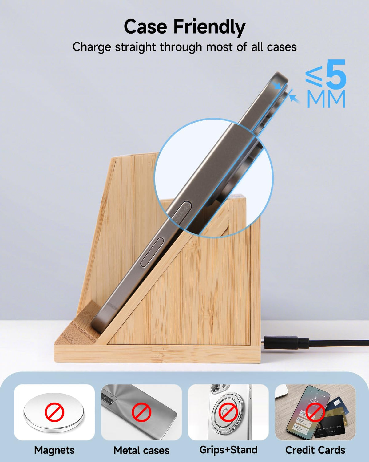 Bamboo Pen Holder for Desk & Nightstand Organizer with Fast Wireless Charging for iPhone, Samsung & More – Office Desk Accessories for Men/Women (Bamboo)