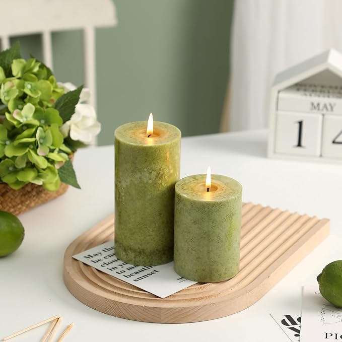 3x4 inch Green Pillar Candles Set of 3, Unscented Pillar Candle, Dripless and Smokeless Large Candles, Candle for Home Decor, Dinner Table,Weddings, Holidays