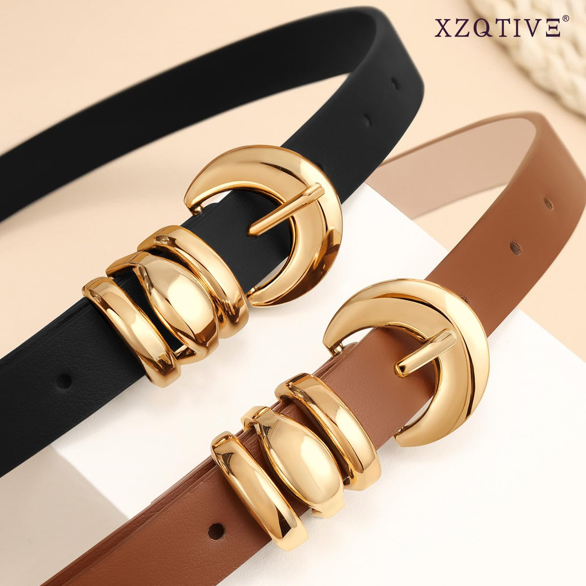 XZQTIVE 2 Pack 0.71'' Womens Skinny Leather Belts for Ladies Thin Waist Belt for Jeans Dress Pants with Fashion Gold Buckle, Black/Brown, Fits Pant Sizes 33-37 inch