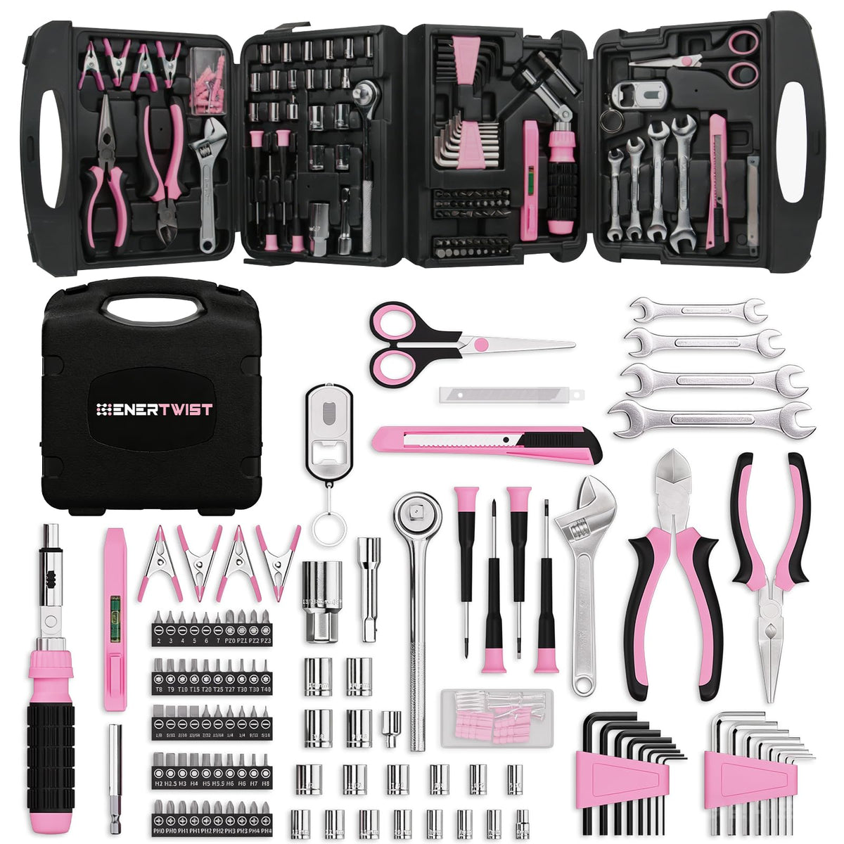 ENERTWIST Pink Tool Kit for Women, 189-Piece Premium Household Hand Tool Set with Lightweight Portable Box, Perfect for Home DIY Repair, Furniture Assembly, Ideal Gift for Women & Housewarming