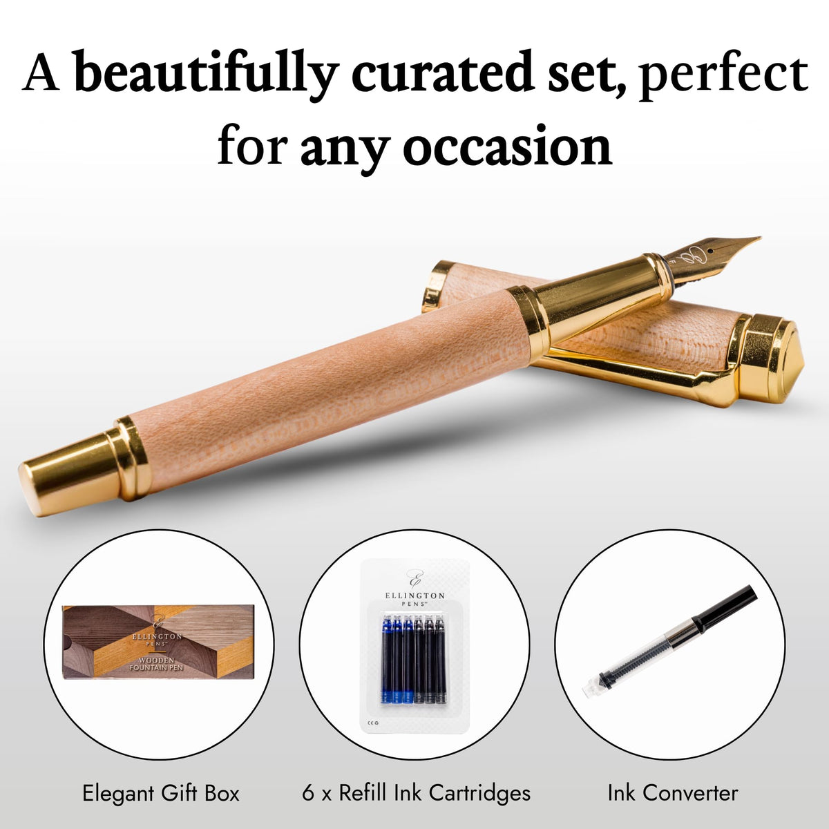 Ellington Pens Luxury Wood Fountain Pen Set – Fine Nib - Includes Wooden Pen Gift Box, Ink Converter, 6 Ink Cartridges – Wood Pen For Writing, Calligraphy, Journaling, Drawing (Maple Harmony)