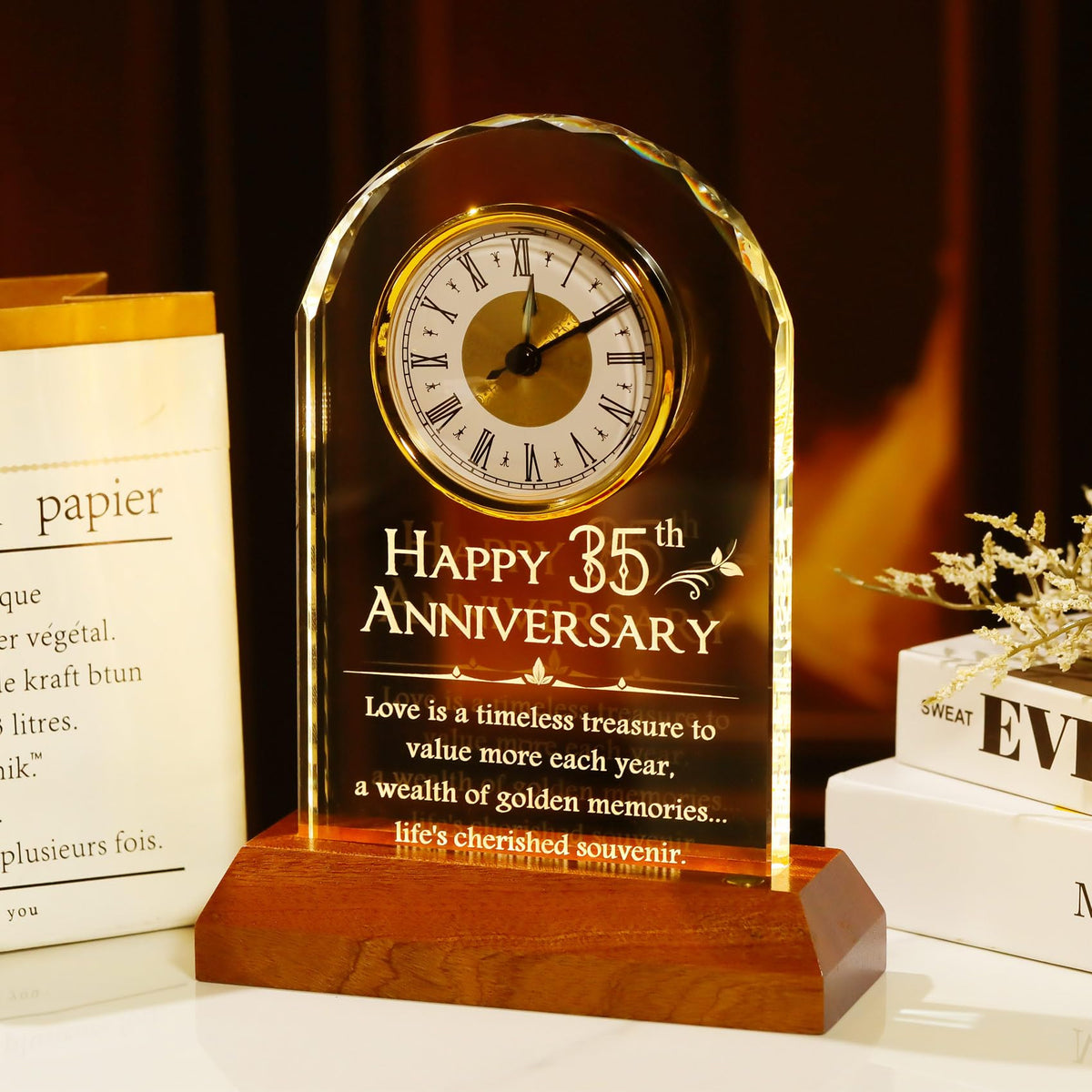 YWHL 35th Wedding Anniversary Clock Gifts for Couple, 35 Years for Wife Husband, Table Clock Glass Presents with Wooden Light Base for HomeDecoration (Battery not Included)