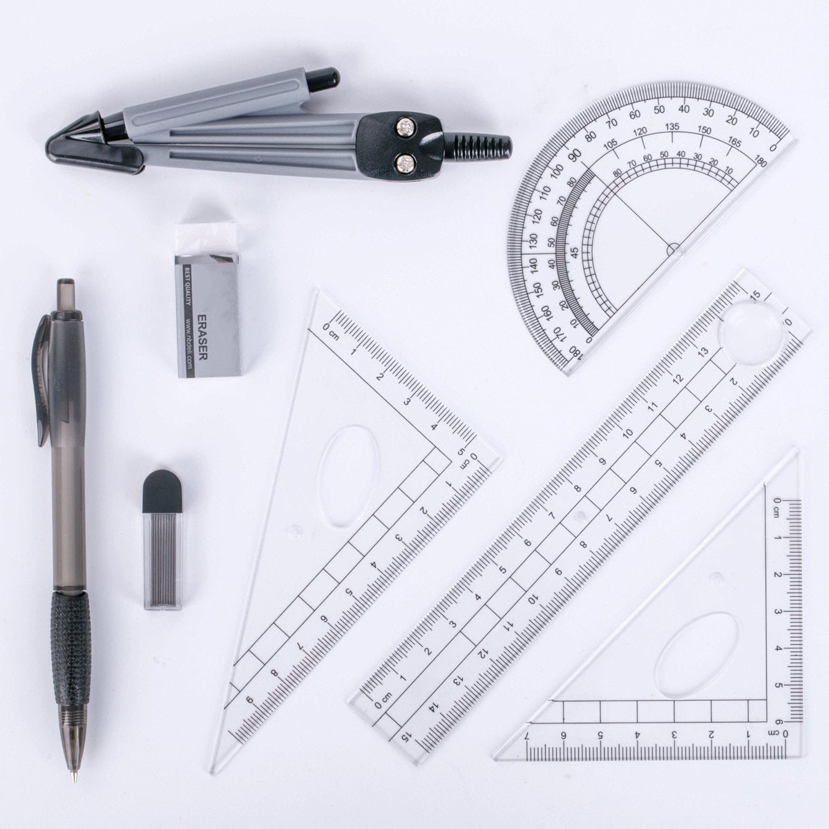 Math Geometry Kit Set 8 Pieces Student Supplies with Shatterproof Storage Box & Reusable Pouch,Includes Rulers,Protractor,Compass,Pencil,Eraser.for Students and Engineering Drawings