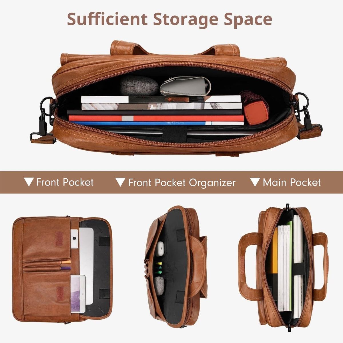 Taygeer Leather Laptop Bag for Men Women, Premium Laptop Briefcase Fits Up to 15.6 Inch Notebook, Waterproof Portable Shoulder Messenger Crossbody Bag Carry On Case for Travel Business Office, Brown