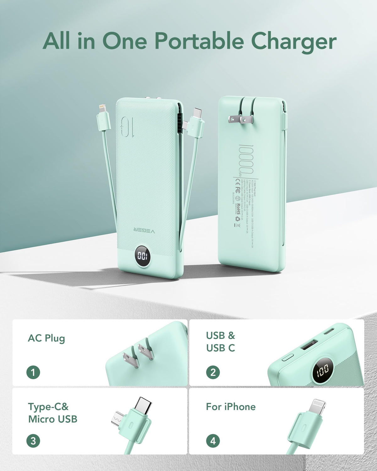 VEGER Portable Charger with Built-in AC Plug and Cables, All in One 10000mAh Ultra Slim Power Bank Travel Essentials, Fast Charging Battery Pack Compatible with iPhone, Samsung, Android (Green)