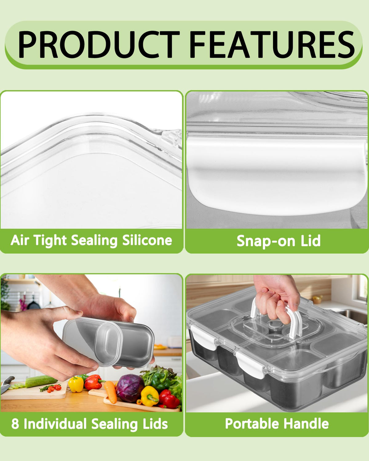 kidinit Snackle Box Container, Stainless Steel Divided Serving Tray with Lid and Handle, Large Snack Tray for Fruit Veggie Candy, 8-Compartment Snack Platter for Travel Party Beach Picnic