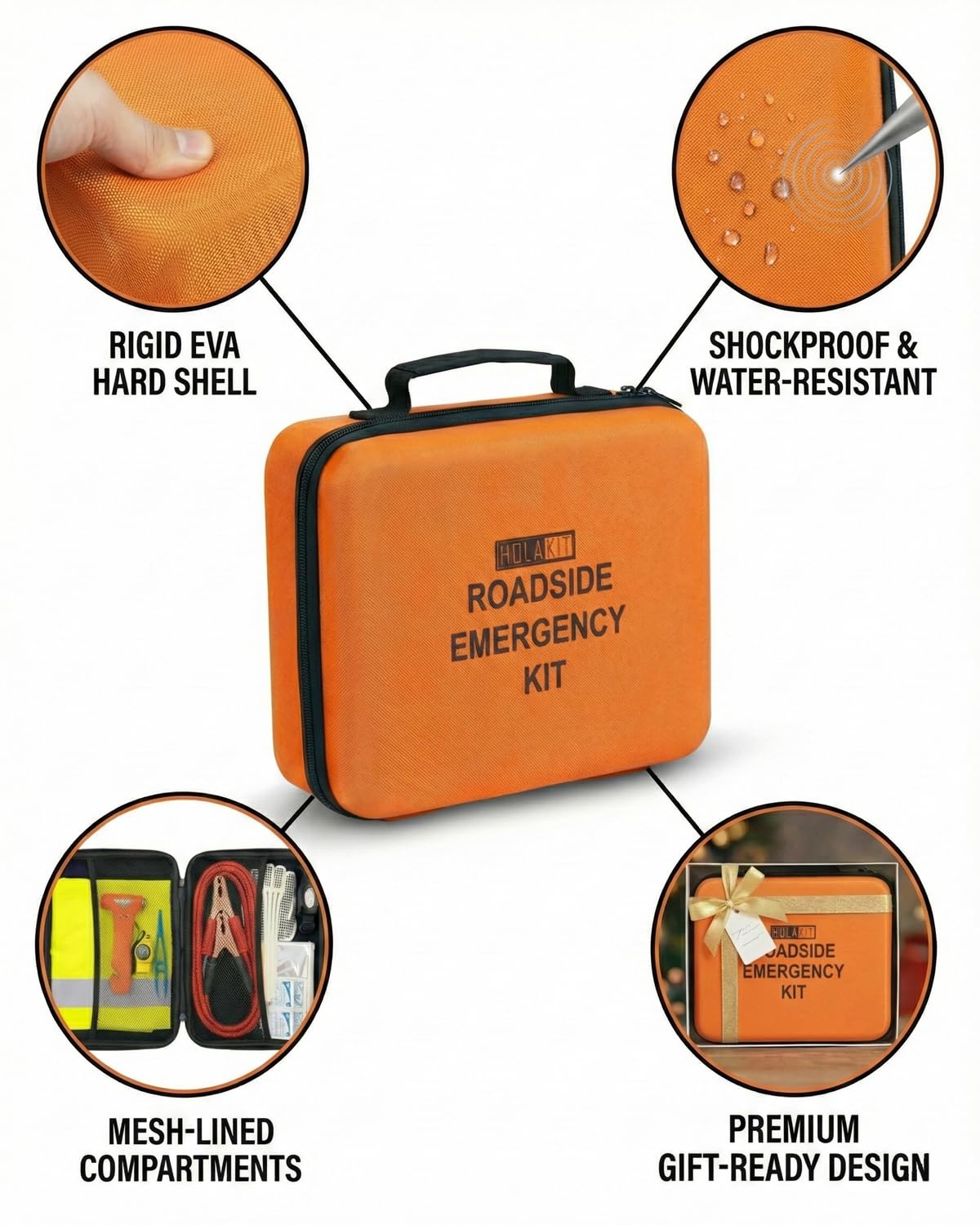 HolaKit Car Emergency Kit – Roadside Safety Kit with Jumper Cables, LED Headlamp, First Aid, EVA Bag, Poncho, Safety Vest & More – Ideal for Cars, SUVs, Teen Drivers & Families