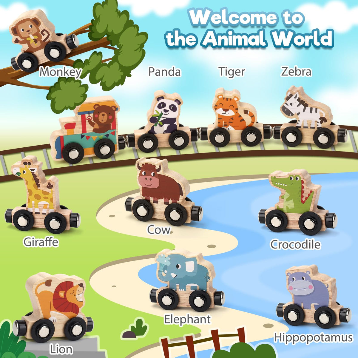Toys for 1 2 3 Year Old Boys Girls, Montessori Toys Magnetic Wooden Train Set Gifts for 2-3-4 Year Old Boy Girl Educational Toddler Toy Birthday Presents Age 1+ Kids Animal Farm Games with Track Mat