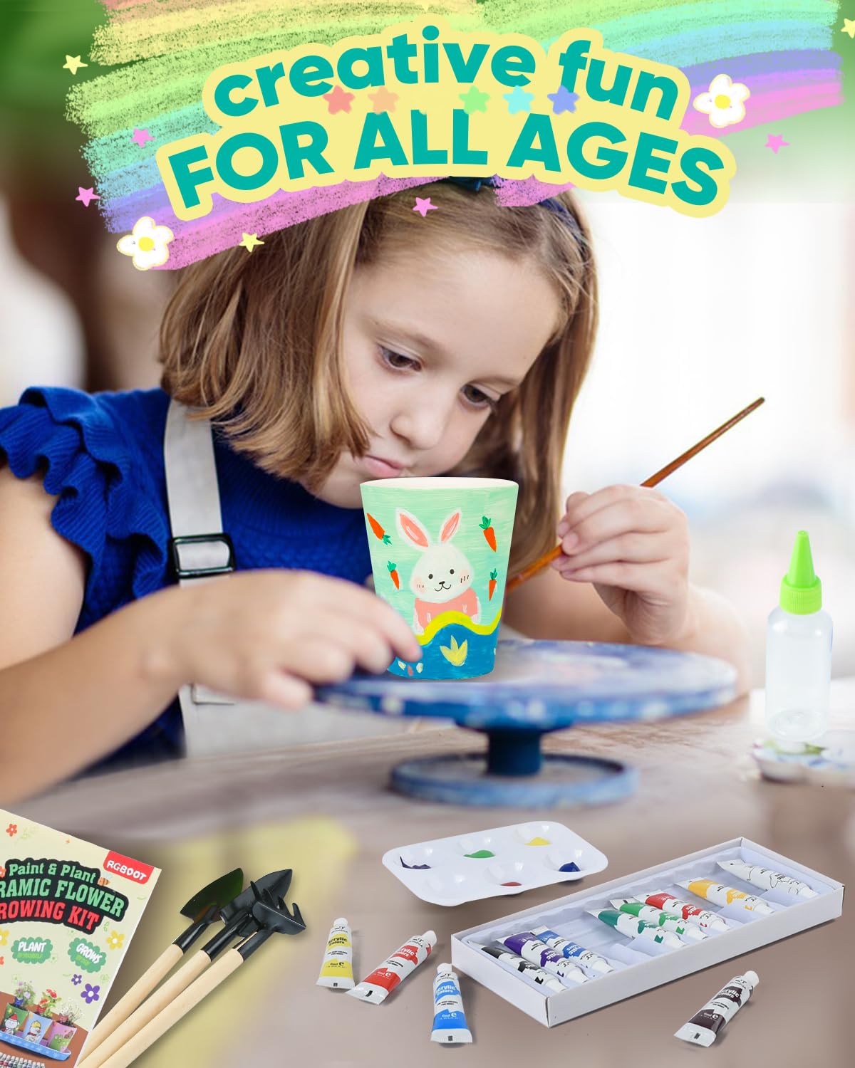 RGBDOT Kids Gardening Set Paint and Plant Stoneware Flower Growing Kit with 6 Pots and Gardening Tools Arts and Crafts for Kids Ages 8-12 Best Children’s Day Gift for Girls Boys Ages 5 6 7 8 9 10