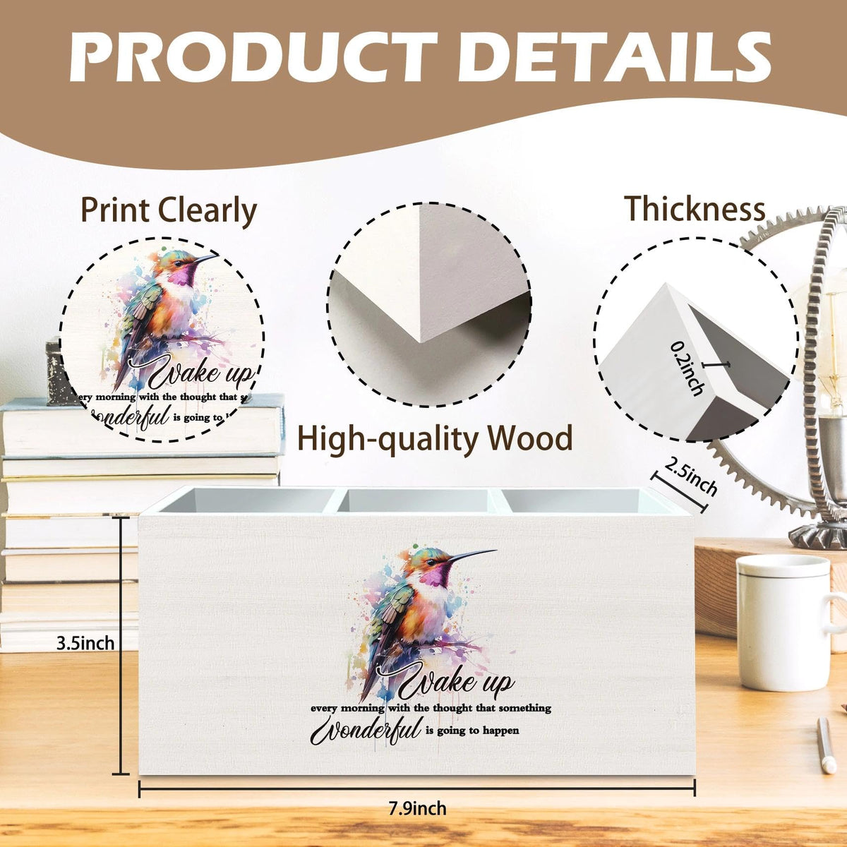 DILSJ Hummingbird Inspirational Pen Pencil Holder Organizer for Desk, Inspirational Gifts for Women, Motivational Quotes Wooden Box Signs for Home Office Desk Tabletop Decoration， Supplies