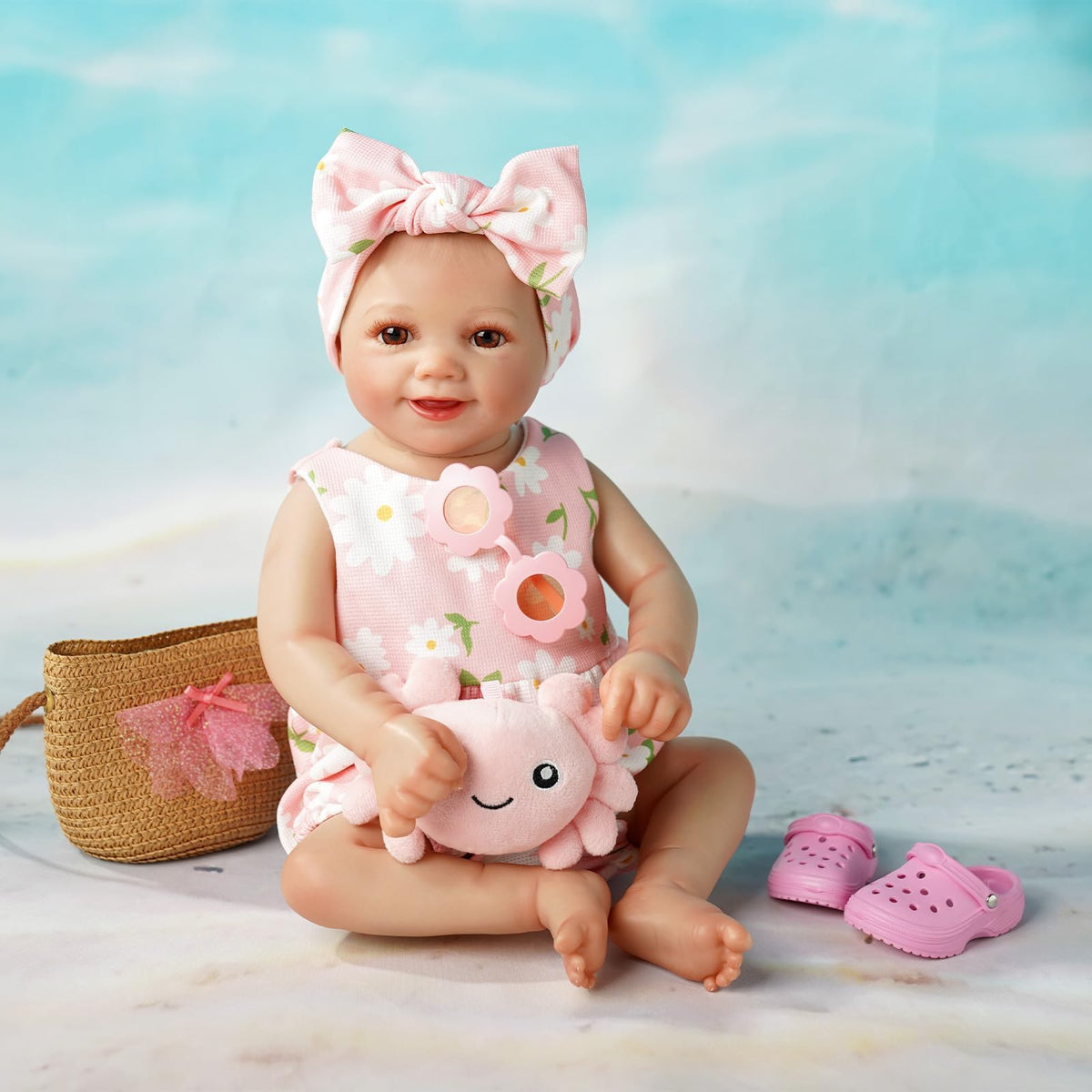 BABESIDE 16-20 Inch Reborn Baby Doll Clothes Set with 16 Inch Doll Shoes for Reborn Dolls, Summer Floral Babydoll Clothes with Bag Headband for Realistic Baby Dolls Accessories, Pink