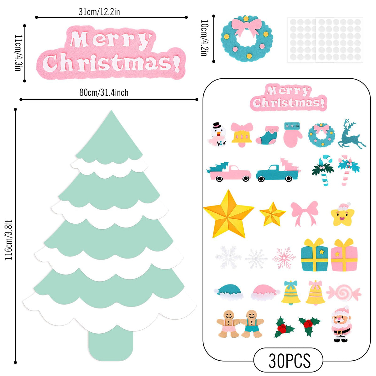 JarThenaAMCS Felt Christmas Tree with Ornaments Boho Green & Pink Xmas Tree DIY Crafts Set for Classroom Home Wall Door Hanging Decorations