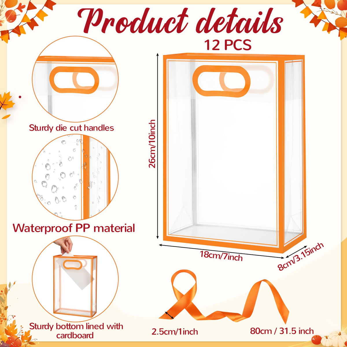 Aliceset 12 Pcs Clear Plastic Gift Bag with Die Cut Handles Reusable PP Favor Bag with Ribbon for Wedding Bridal Birthday Baby Shower Party Small Business, 7x10x3.15 Inch(Orange)