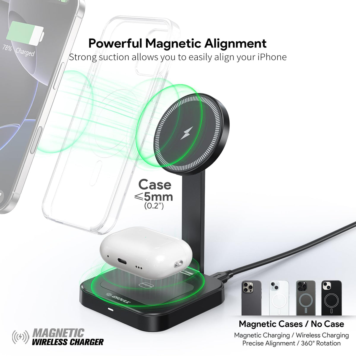 Esoulk 2 in 1 Magnetic Wireless Charging Station, Foldable Charger Stand for iPhone 17/16/15/14, AirPods Charging Pad, Travel Compact 15W Fast Wireless Charger