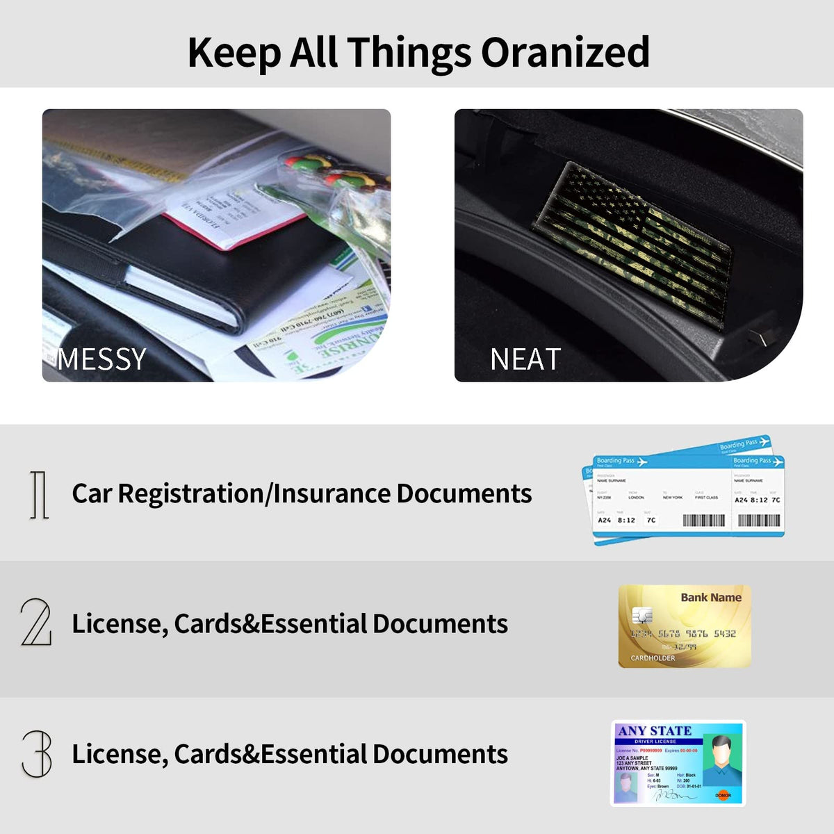 Car Registration and Insurance Holder, Leather Car Glove Box Organizer, Cool Car Accessories for ID, Driver's License Cards & Essential Document, business cards, Men&Women,Military Camouflage USA Flag