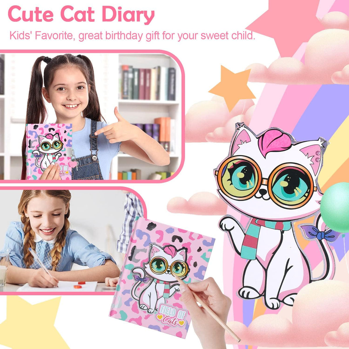 YOYTOO Cat Diary for Girls with Lock, Cat Stationery Set with Secret Diary, Stamps, Pens, Journal Notebook Birthday Gifts for Little Girls Age 5 6 7 8 9 10
