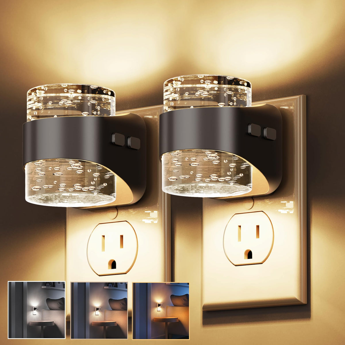 L LOHAS LED Night Light, Bubble Night Lights Plug into Wall,2 Pack 3000K/4000k/5000K Adjustable Color Temperature Night Light,Dimmable Nightlights with Dusk to Dawn Sensor for Rooms Bathroom Hallway