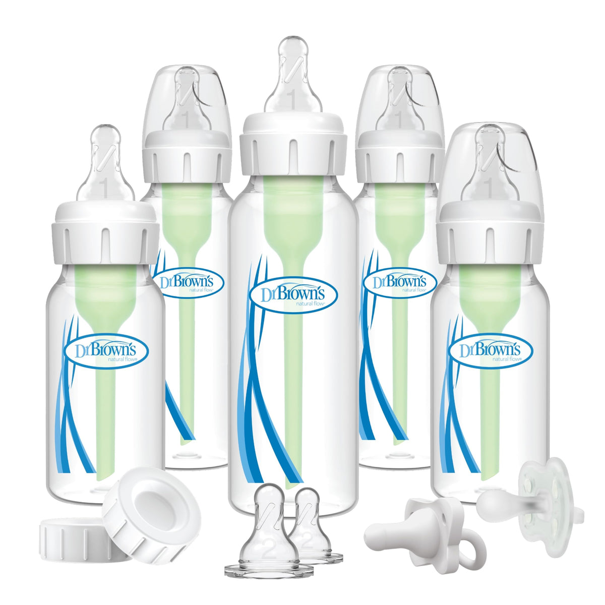 Dr. Brown's Natural Flow Anti-Colic Options+ Narrow Baby Bottle Gift Set with Advantage Pacifier & Bottle Travel Caps, 0m+ (Packaging/Pacifier May Vary)