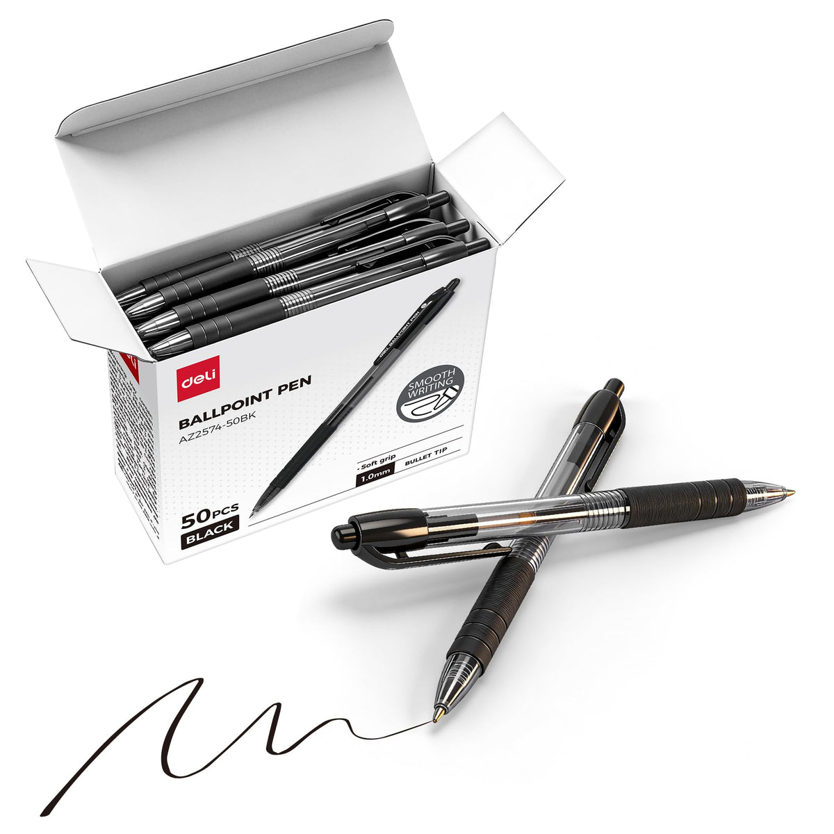 deli Pens Bulk,50 Pack Ballpoint Pens Black Ink 1.0MM Medium Point, Smooth Writing Retractable Pen with Soft Grip, No Bleed,Fast Dry,for Office School Home Use
