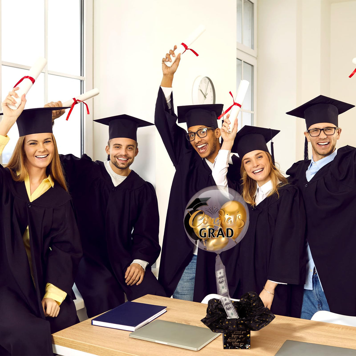 MiniInflat Black Gold Graduation Pull Money Balloon Box Gift Surprise Kit for Cash Graduation Party Balloon Set Class of 2026 Graduates Gifts for College High School Grad Party Decorations Supplies