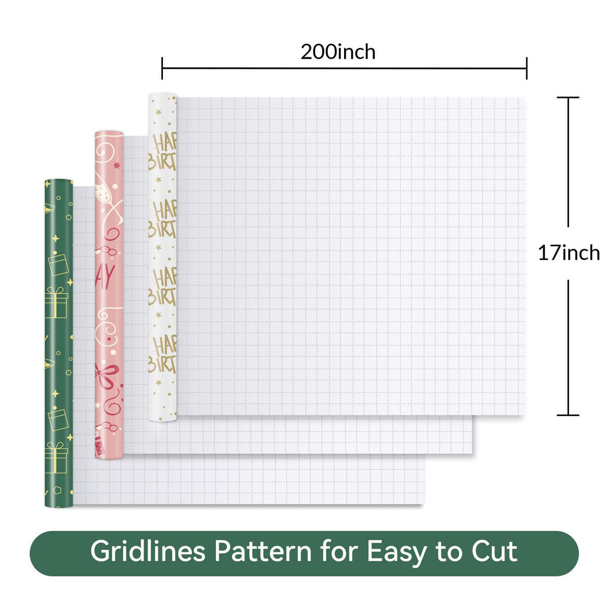 Lenpel Birthday Wrapping Paper Roll 3-Pack, 17 x 200 Inch Gift Wrap in Pink, Green & Gold, Birthday Wrapping Paper for Women, Kids and Adults, Perfect for Birthday Gift Wrapping