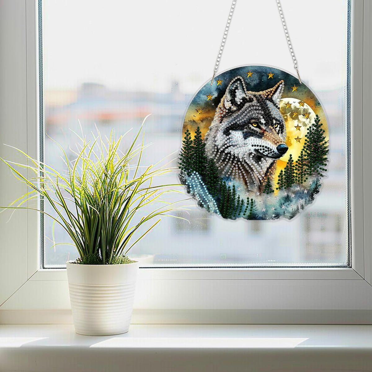 SENQAO Hanging Diamond Art Painting Kits for Adults Beginners, 5D Special Shape Diamond Art Kits, Wolf Crystal Rhinestones Diamond Gem Art Painting for Home Garden Wall Decor