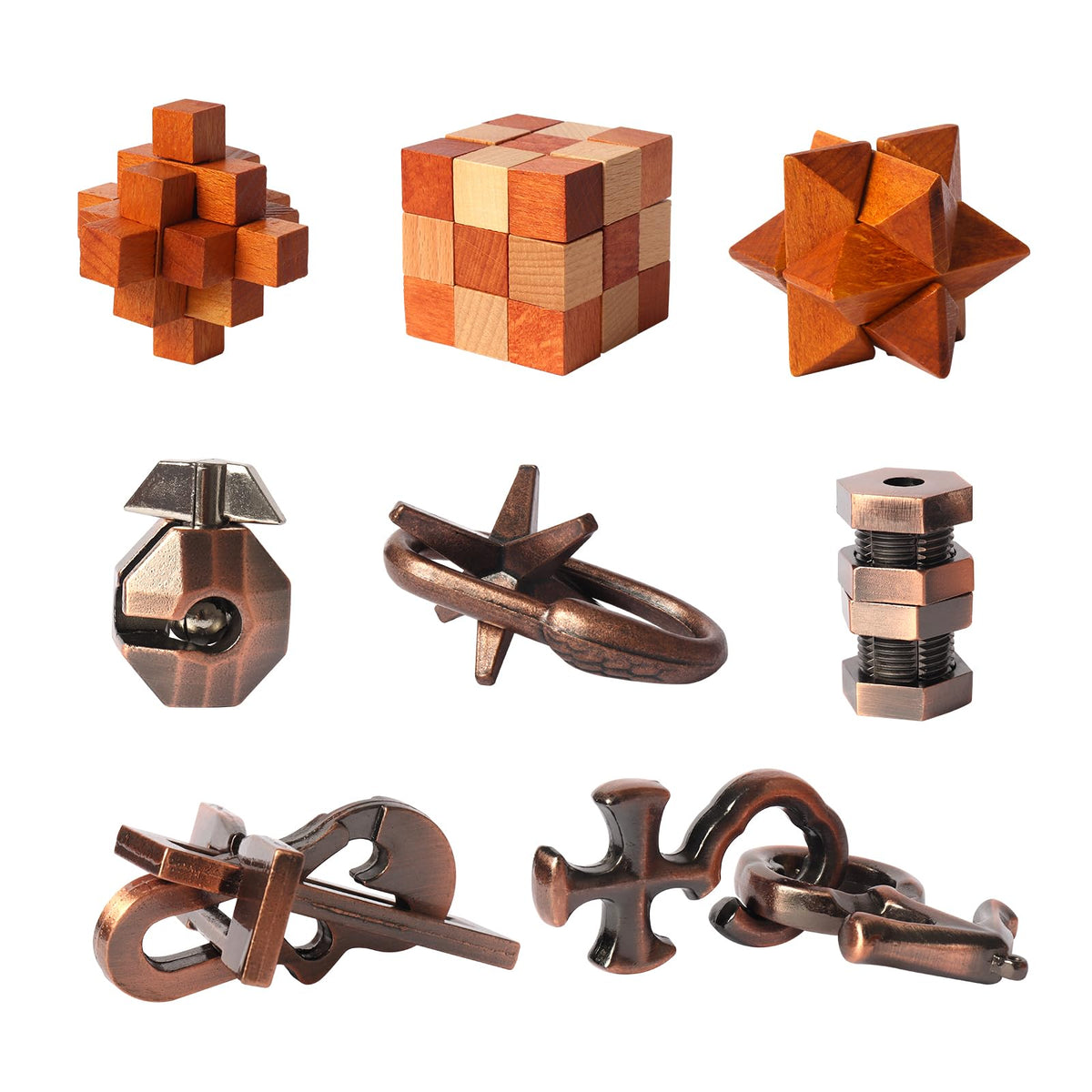 8pcs Puzzles Toys Wooden and Metal Brain Teaser Puzzles Game for Adults Kids Unlock Interlocking Puzzle IQ Education Puzzle Gift