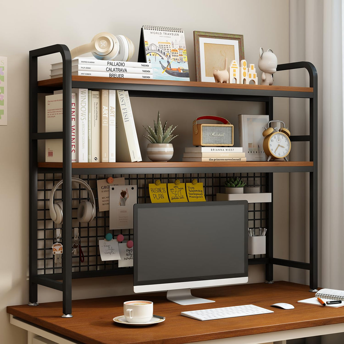 IOTXY 2-Tier Desktop Hutch Bookshelf - Metal Desk Shelf Bookcase with Grid Panel, Countertop Storage Organizer Rack for Dorm or Office, Black, 45.3" W
