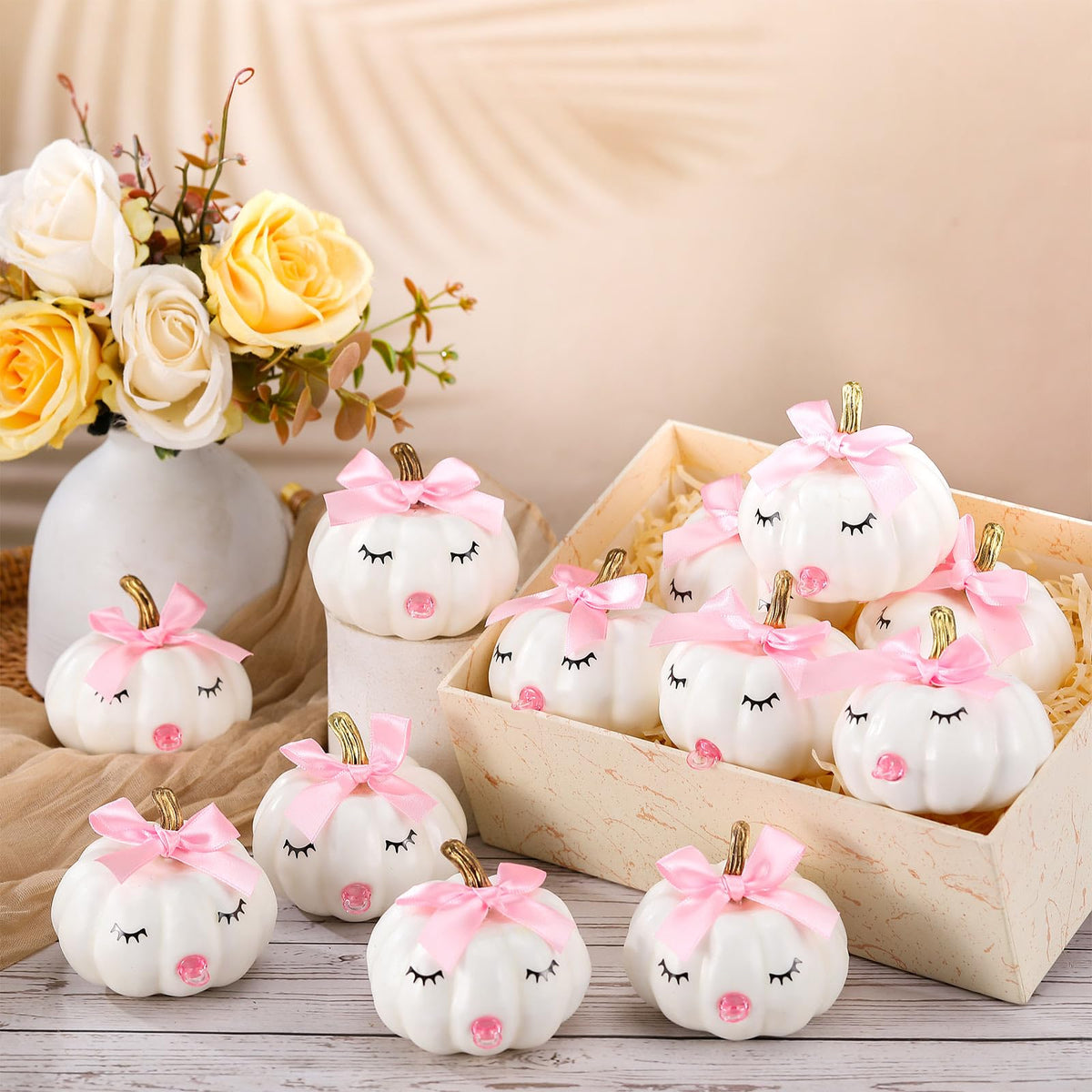 Nuanchu 12 Sets DIY Pumpkin Painting Kit for Party 12 Foam Craft Pumpkins, 12 Pink Bows 12 Pink Sucking Ring 28 Pairs of Eyelash Sticker for Birthday Table Decor Adult