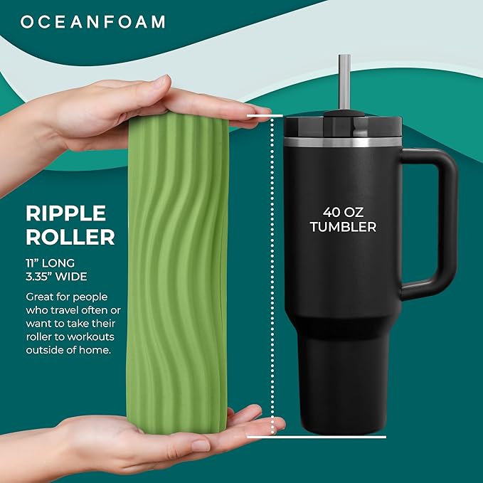 Oceanfoam Ripple Travel Foam Roller (11" x 3.35") Firm Mini Foam Roller for Physical Therapy, Deep Tissue Massage, Back Pain - High Density, Ergonomic Wave Textured - Yoga, Exercise (Algae Green)