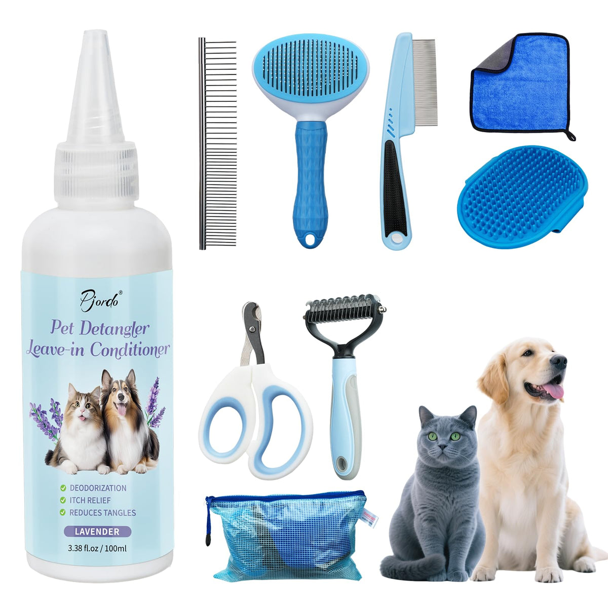 Pjordo 8 in-1 Dog Grooming Kit - Supplies for Short and Long Hair Dogs & Cats, Dog Brushes for Grooming, Dematting Comb for Pet, Bath Brush, Flea Comb, Pet Donditioner, Set in Blue